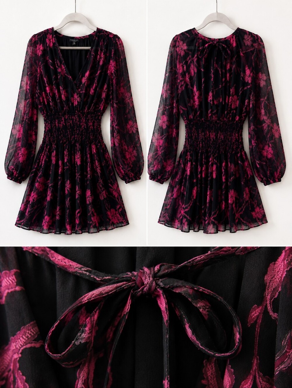 Pink Floral Pleated Mini Dress | Smocked Waist | Sheer Sleeve | Large - Picture 5 of 8